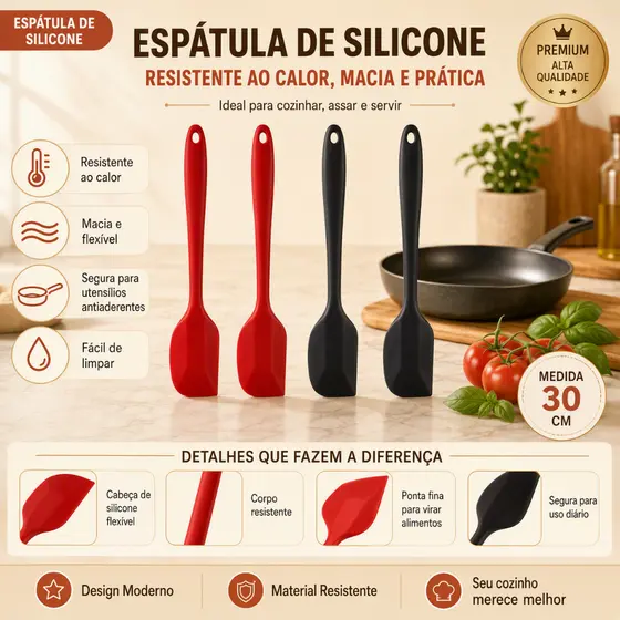 Kit 4 Espátulas Silicone Alimentar Monobloco Resistente Calor Confeitaria Não Riscam Panelas Antiaderentes