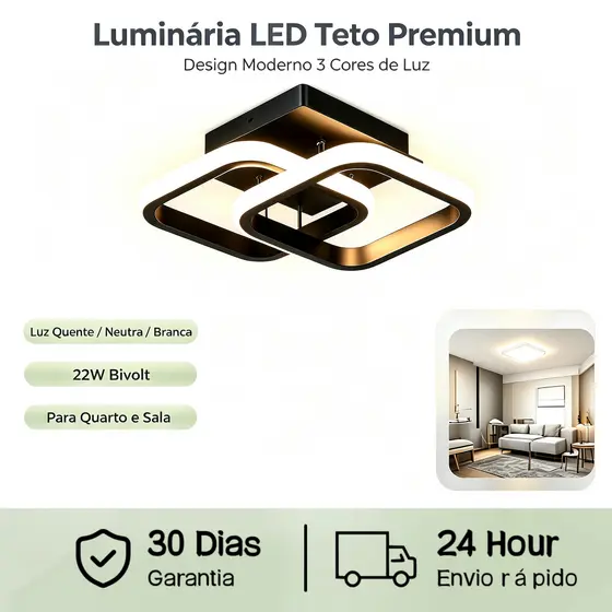 Luminária de Teto LED Moderna com 3 Cores Ajustáveis Preto