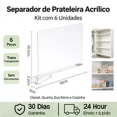 Kit 6 Separador de Prateleira em Acrílico Transparente Instalação Sem Ferramentas Organizador para Roupas