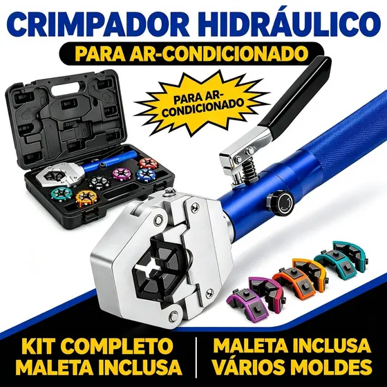 Kit Crimpador Hidráulico Mangueira Ar Condicionado Automotivo Moldes Coloridos Maleta Rígida Oficina Mecânica