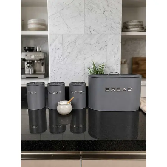 Kit Latas Porta Mantimentos Cozinha Café Açúcar Chá E Porta Pão Cinza 4 Peças Cor Cinza