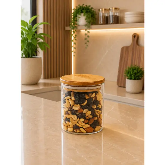 Pote de Vidro com Tampa de Bambu 400ml Mantimentos Herméticos Oikos Potes Cozinha Alimentos Tempero Redondo