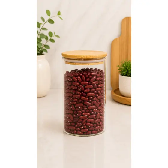Pote de Vidro com Tampa de Bambu 600ml Mantimentos Herméticos Oikos Potes Cozinha Alimentos Tempero Redondo