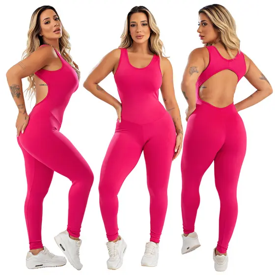 Macacão Academia Feminino Longo Fitness Costas Aberta Suplex Liso Roupa de Malhar Ginastica MAYU