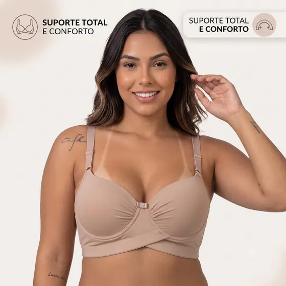 Sutiã Plus Size Baze Cruzada Bojão Reforçado Alça Larga Regulável Feminino Transpassado Efeito Up