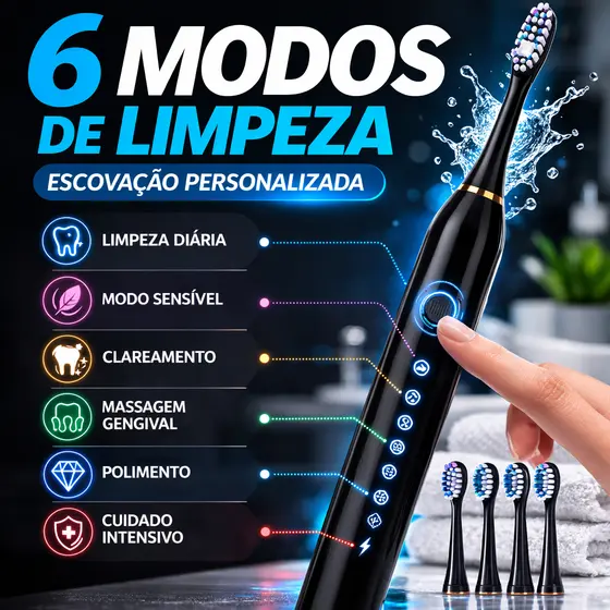 Escova Dental Elétrica Recarregável 6 Modos Limpeza Profunda USB