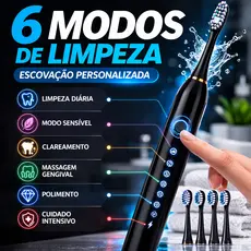 Escova Dental Elétrica Recarregável 6 Modos Limpeza Profunda USB