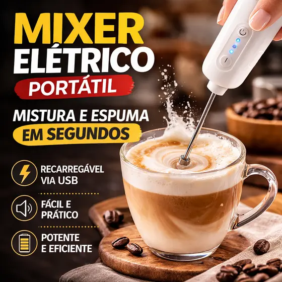 Mixer Elétrico Portátil Recarregável Batedor de Leite Cappuccino Café Cremoso