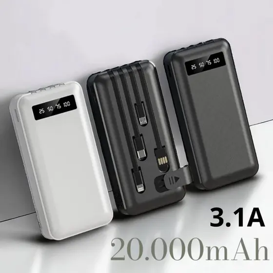 Power Bank 20000mAh com 4 Cabos Embutidos, Carregador Portátil Universal para iPhone e Android-SOL TECHO