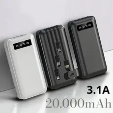 Power Bank 20000mAh com 4 Cabos Embutidos, Carregador Portátil Universal para iPhone e Android-SOL TECHO