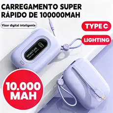 Carrega super rápido power bank de 10000 mAh com USB universal‌, compacto, portátil e com exibidor numérico