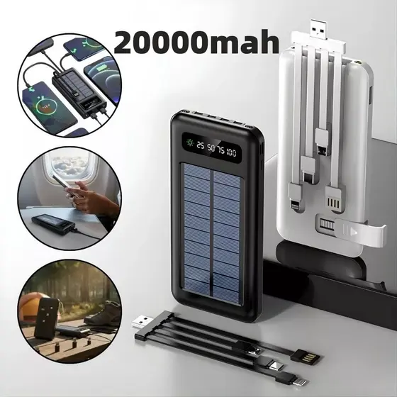 Carregador Portátil Power Bank Solar 20.000mah Com cabos 5 Em1 LED lanterna