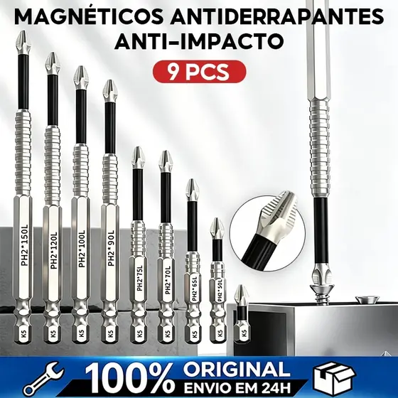Kit Bits PH2 para Parafusadeira 1/4 em Aço K5 Antiderrapante 9 Pcs