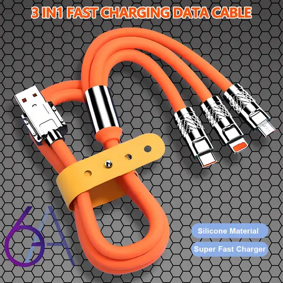 6A Carregamento Rápido 3 Em 1 Cabo Líquido Silicone Carregador Universal Tipo C V8 IOS Para iPhone Samsung