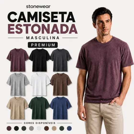 Camiseta Estonada Masculina Lisa 100% Algodão lavada Stonewear