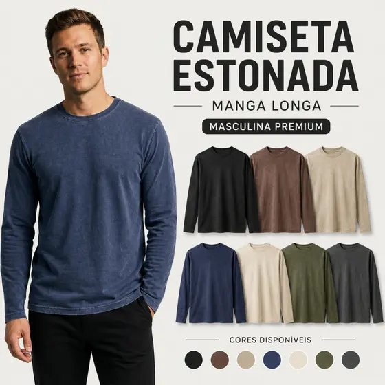 Camiseta Manga longa blusa Masculina Estonada Premium algodão 30.1 stonewear