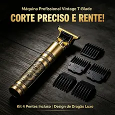 Máquina de Acabamento Profissional Dourada com Lâmina em T, 4 Pentes Guia e Design Dragão para Barba, Cabelo e Corte