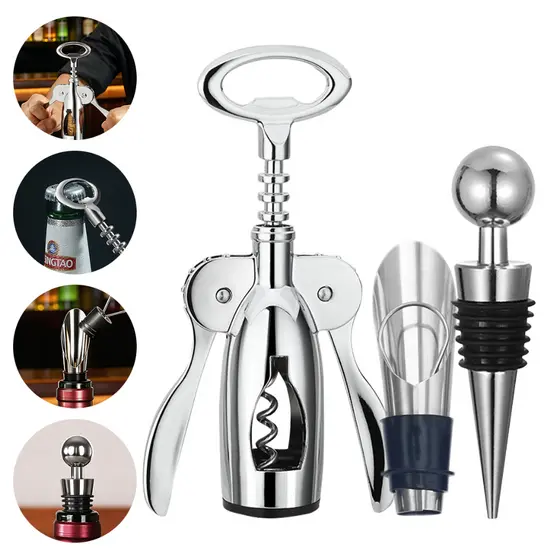 Kit Abridor 3 Peças Aço Inox com Rolha e Dosador, compatível com vinho,  água com gás, ideal para casa e festas