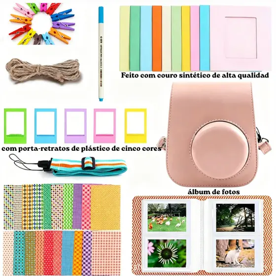 Kit Completo de Acessórios para Instax Mini 12 11 9 com Bolsa Molduras Adesivos e Cordão