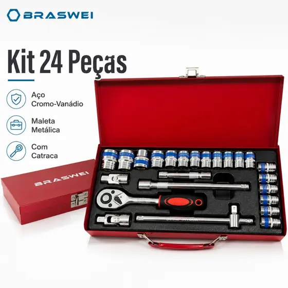 Kit 24 Chaves Catraca Reversível Canhao Aco Crv Profissional  BW5023