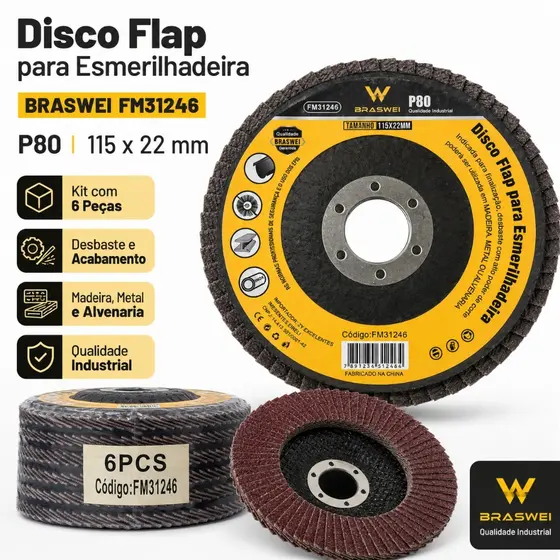 Disco Flap P80 para Desbaste e Acabamento 115x22mm Kit 2 4 6 ou 12 BRASWEI FM31246