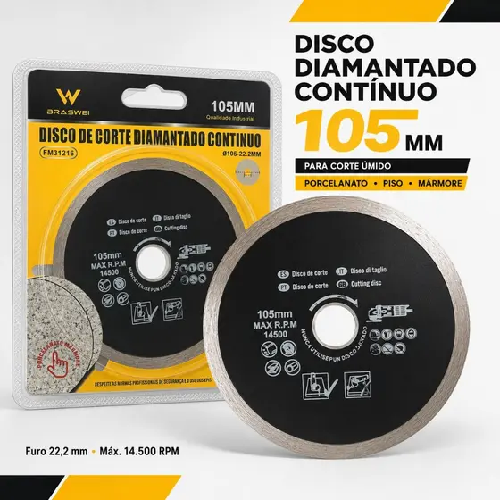 Disco Diamantado Contínuo 105x22,2mm para Porcelanato Cerâmica Mármore BRASWEI FM31216