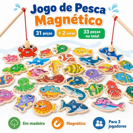 Jogo de Pesca Magnética de Madeira 33 Peças com 2 Varas Brinquedo Educativo Infantil