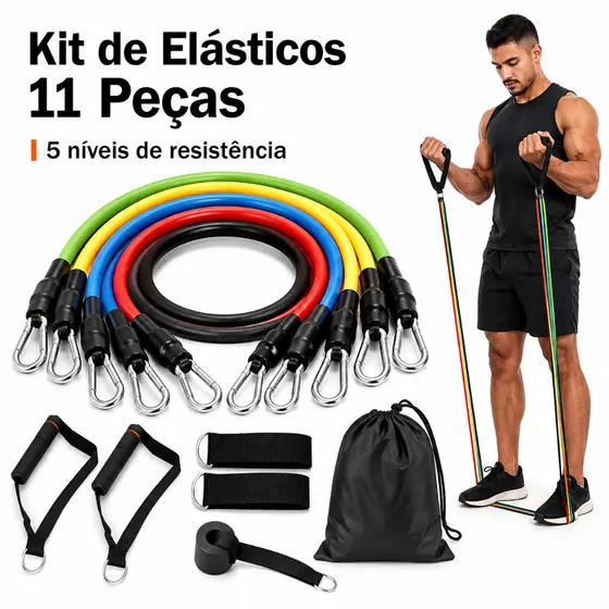 Kit de Elásticos Extensores 11 Peças para Treino Funcional Pilates e Exercícios em Casa