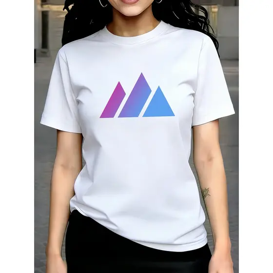 Top de Verão para Mulher 100% Casual Manga Curta Gola Redonda, T-Shirt com Estampado de Padrão Geométrico