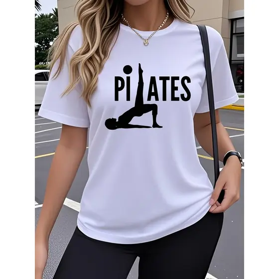 Camiseta Feminina Feita em 100% Algodão de Manga Curta com Estampa de Pilates e YOGA Top de Gola Redonda