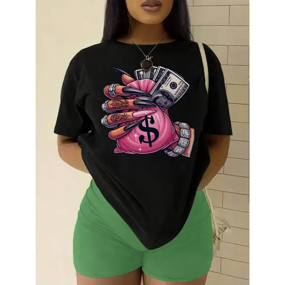 Camiseta com Estampa Gráfica e Ombro Caído, Manga Curta e Gola Redonda, Blusa Casual Primavera e Verão, Roupas Femininas