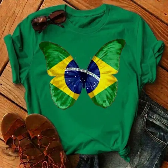 Camiseta Feminina 100% Algodão Blusa Brasil  Borboleta Lançamento Copa 2026  Do P ao G3 Fio 30