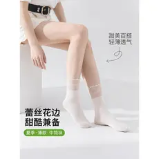 Meias femininas verão renda fina estilo balé combinando sapatos Mary Jane meias de tubo médio de vidro cristal