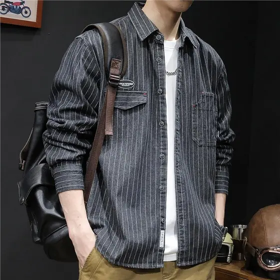 Camisa listrada Yuppie americana masculina de manga comprida Casual primavera outono camisa de alta qualidade japonesa r