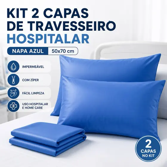 Kit 2 Capas Travesseiro Hospitalar Impermeável Napa Azul 50x70 Com Zíper