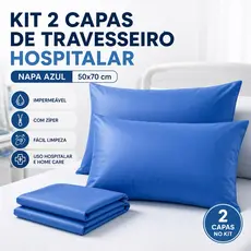 Kit 2 Capas Travesseiro Hospitalar Impermeável Napa Azul 50x70 Com Zíper