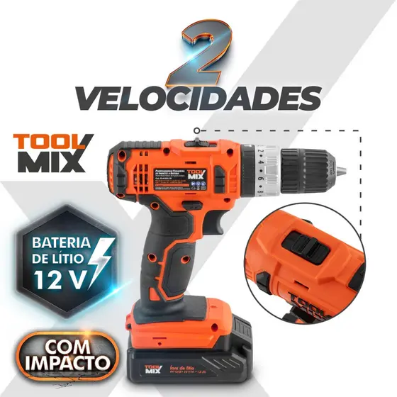 Parafusadeira Furadeira de Impacto 12V Toolmix PFT012I Bateria de Lítio Maleta Mandril 10mm