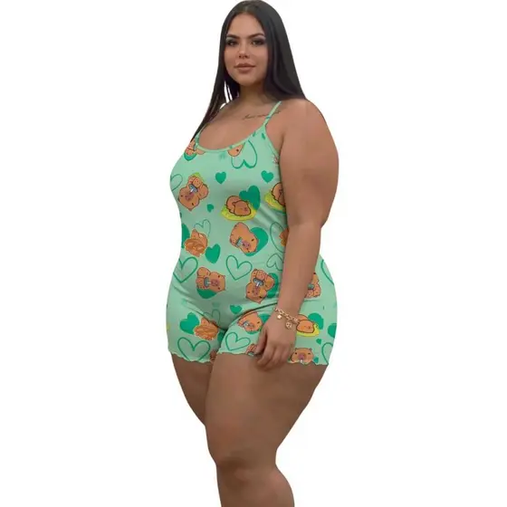 Pijama Macaquinho Plus Size Estampado Macaquinho Dormir Plus Size Confortável Soltinho
