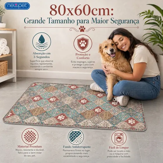 Newpet Tapete Higiênico Lavável Estilo Boêmio 80x60cm para Cachorro Super Absorvente Impermeável Reutilizável
