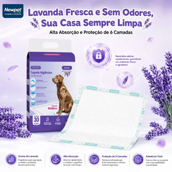 Newpet Hygienic Pet Mat Tapete Higiênico Para Cães Aroma de Lavanda 60x60 / 80x60 / 90x60cm 30 Unidades