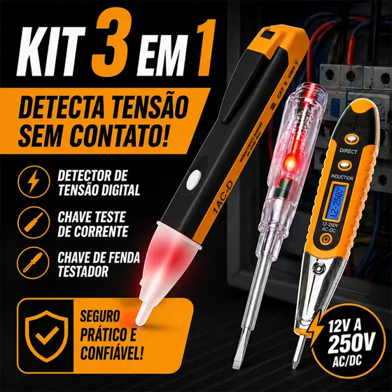 Kit 3 em 1 Caneta Detectora de Tensão Digital e Chave Teste de Corrente 12V a 250V + Chave de Fenda Testador