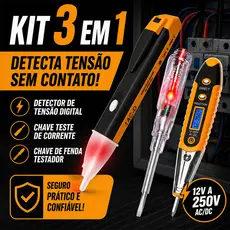 Kit 3 em 1 Caneta Detectora de Tensão Digital e Chave Teste de Corrente 12V a 250V + Chave de Fenda Testador