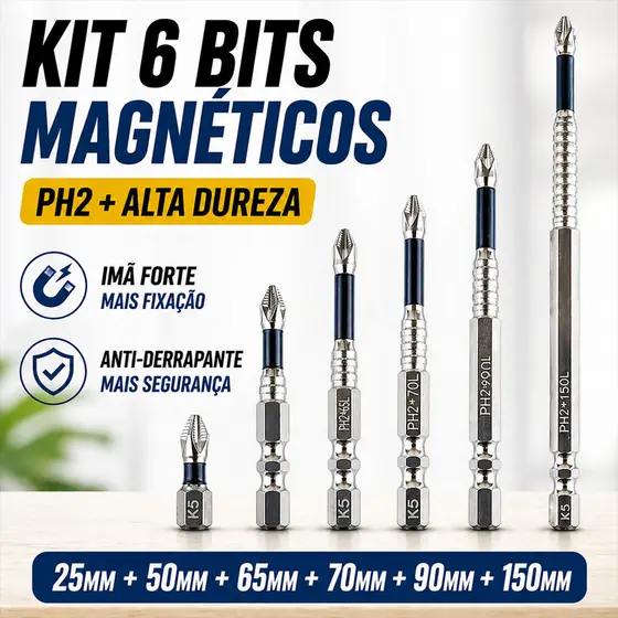 Kit 6 Bits Magnéticos PH2 Phillips Alta Dureza Anti-Derrapante para Parafusadeira Impacto Profissional