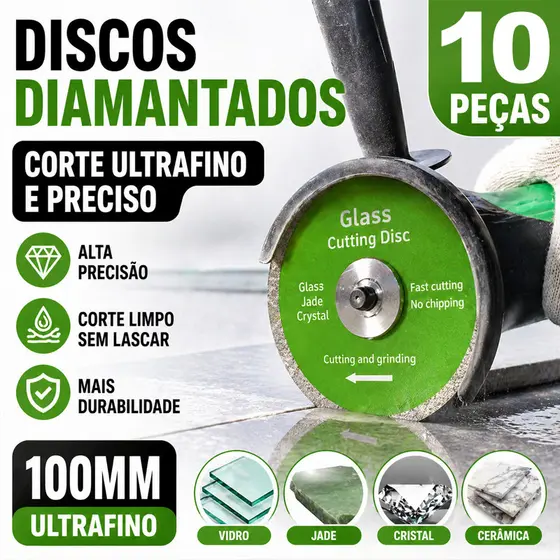 Kit 10 Discos Diamantados Ultrafinos 100x20/22mm para Corte de Vidro, Espelho, Porcelanato e Cerâmica
