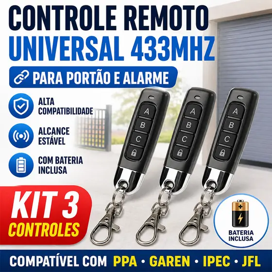 Kit 3 controle remoto universal 433mhz para portão e alarme 4 botões com bateria para uso ppa garen ipec jfl
