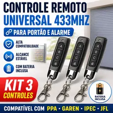 Kit 3 controle remoto universal 433mhz para portão e alarme 4 botões com bateria para uso ppa garen ipec jfl