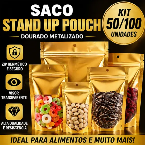 Saco Stand Up Pouch Dourado Laminado Metalizado com Zip Hermético Visor Transparente Kit 50/100 Unidades