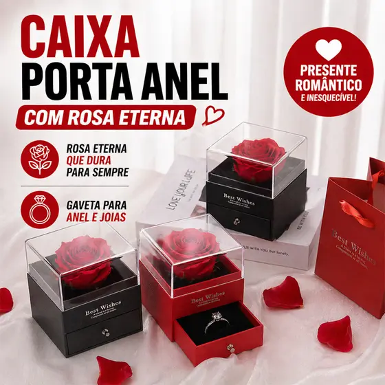 Caixa Porta Anel com Rosa Eterna Gaveta para Joias Presente Romântico Luxo Namoro Noivado Casamento