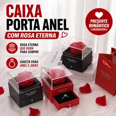 Caixa Porta Anel com Rosa Eterna Gaveta para Joias Presente Romântico Luxo Namoro Noivado Casamento