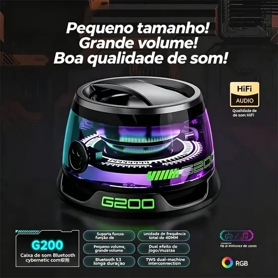 Caixa de Som Bluetooth G200 5.4 Mini Magnética Portátil Sem Fio RGB Luz Multifuncional Celular Outdoor Kit 1/2